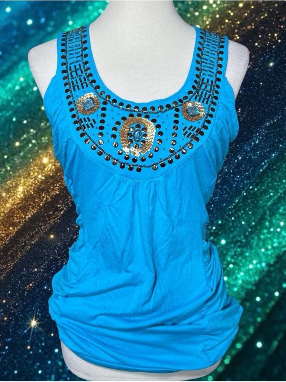 Embellished Blue Sleeveless Tank Top